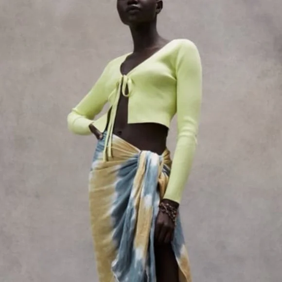 Zara Rib Knit Cropped Front Tie Cardigan Yellow Lime Green S - Picture 10 of 10